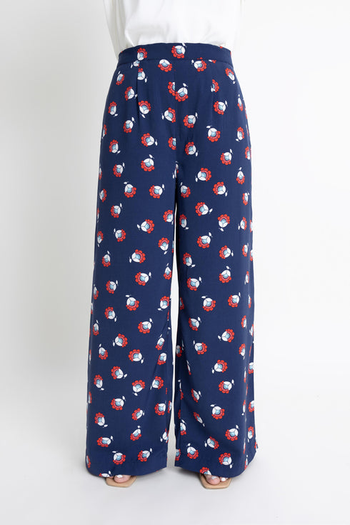 Blue Printed Pleated Pants
