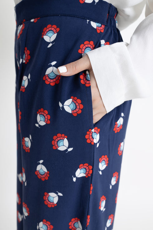 Blue Printed Pleated Pants