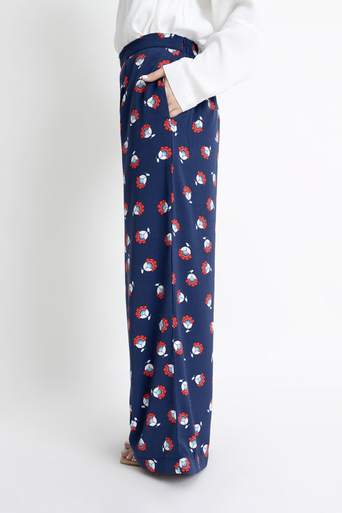 Blue Printed Pleated Pants