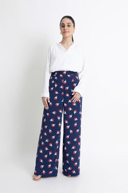 Blue Printed Pleated Pants