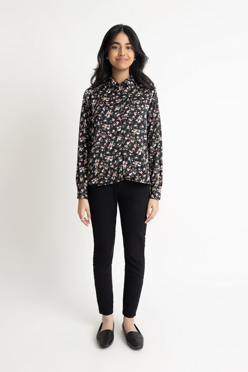 Black Silk Floral Top