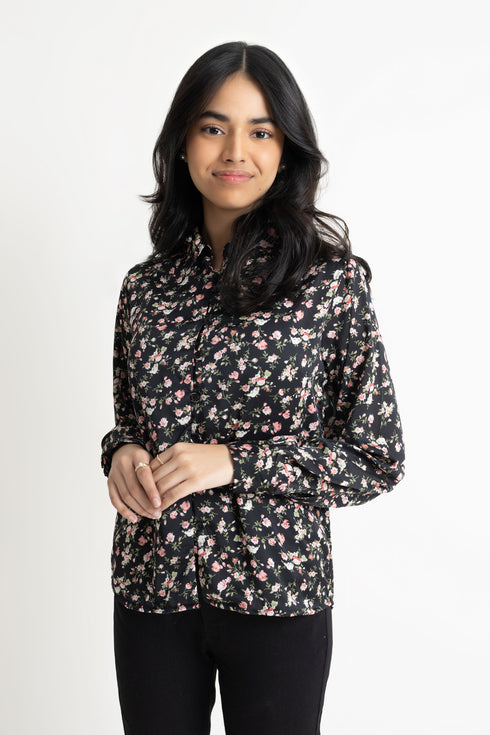Black Silk Floral Top