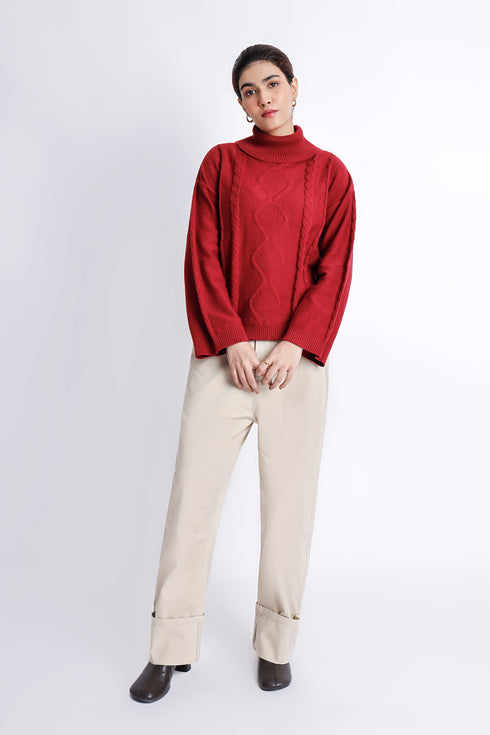 The Maroon Loose Fit Mock Neck
