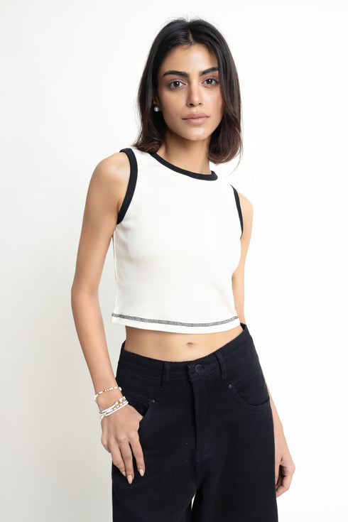 Beige & Black Cropped Tank Top