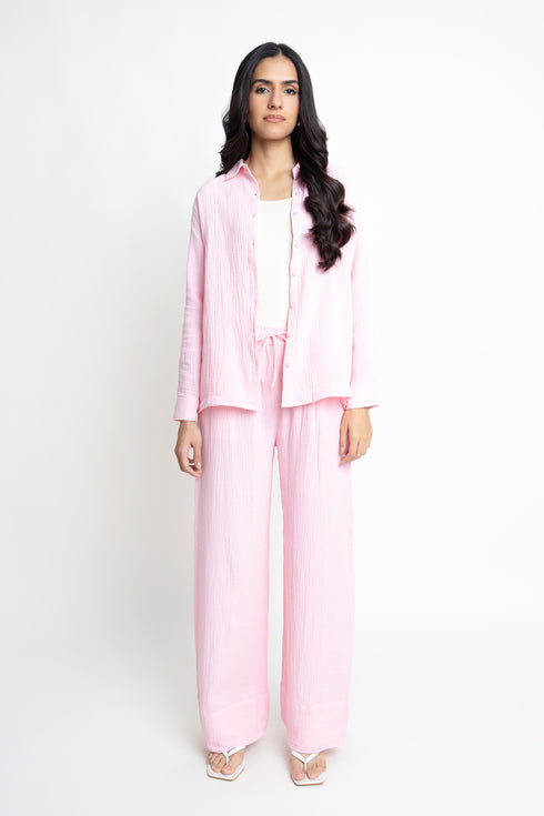 The Candy Pink Wide Leg Seersucker Trousers