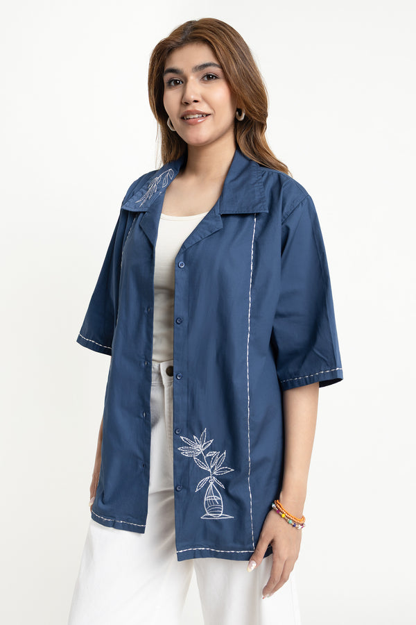 The Blue Loose Fit Embroidered Cuban Collar Shirt