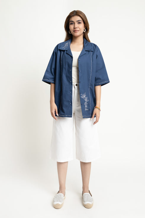 The Blue Loose Fit Embroidered Cuban Collar Shirt