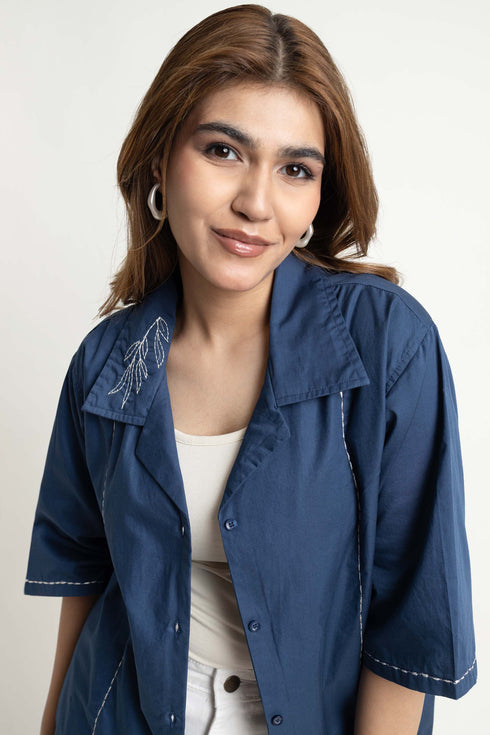 The Blue Loose Fit Embroidered Cuban Collar Shirt