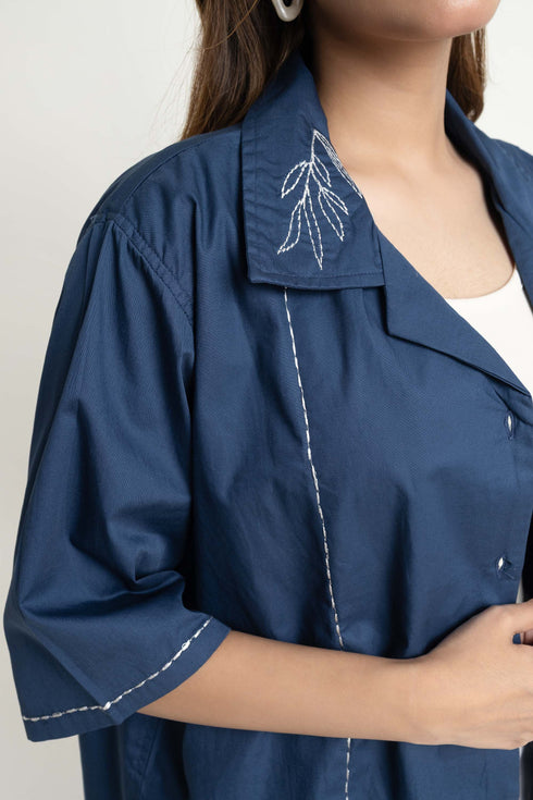 The Blue Loose Fit Embroidered Cuban Collar Shirt