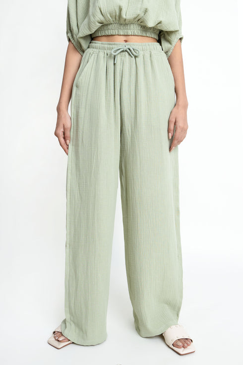 The Olive Wide Leg Seersucker Trousers