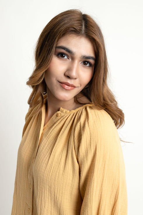 The Mustard Flowy Seersucker Blouse