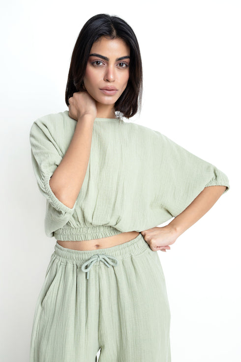 The Olive Seersucker Cropped Blouse