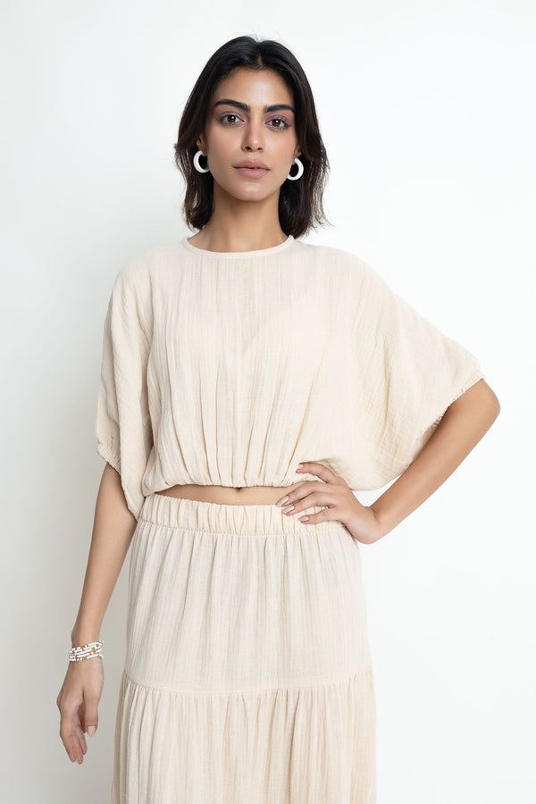 The Beige Seersucker Cropped Blouse