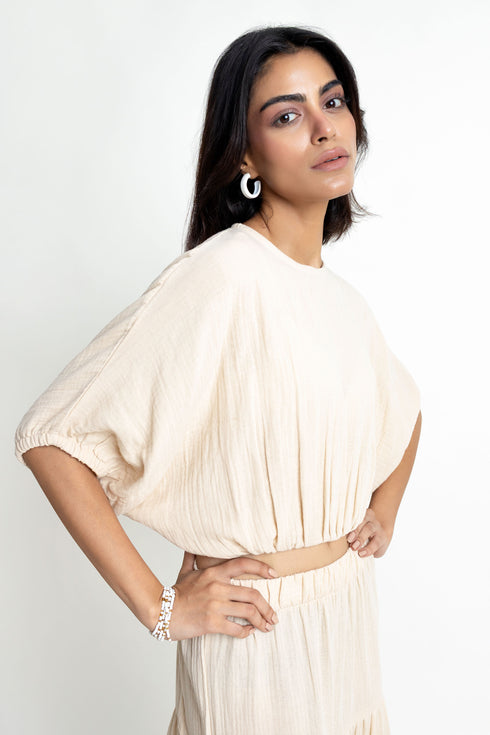 The Beige Seersucker Cropped Blouse