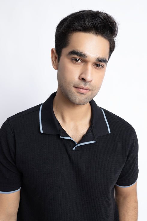 The Black Waffle Knit Polo
