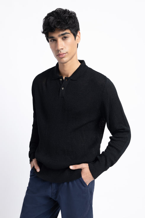The Black Waffle Knit Polo