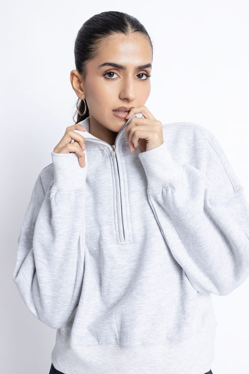 The Grey Cropped Oversized Mock Neck Zipper