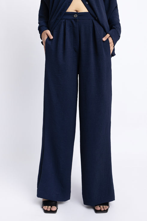 The Navy Wide Leg Pleated Trousers