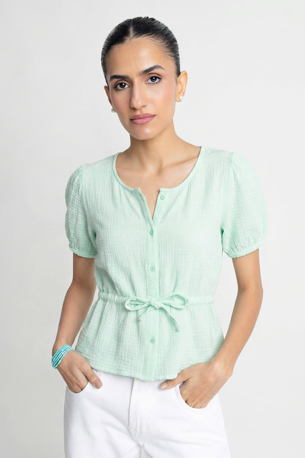 The Seersucker Cropped Peplum Top
