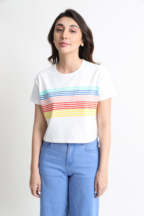 Rainbow Boxy Cropped Graphic T-Shirt