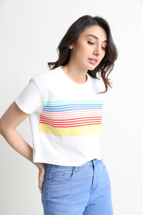 Rainbow Boxy Cropped Graphic T-Shirt