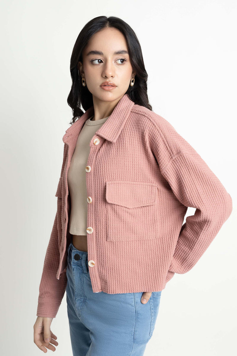 Wksh The Pink Boxy Crop Waffle Knit Shacket – Carom.pk